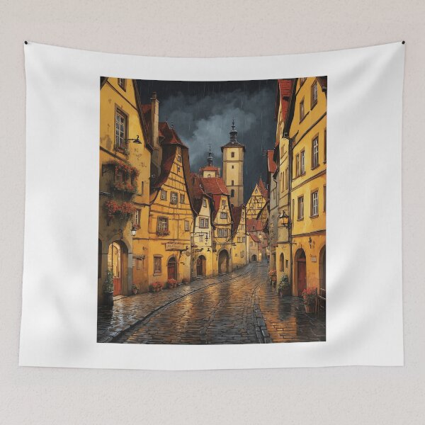 Item preview, Rothenburg Ob Der Tauber Germany Rainy Night Vintage Travel Poster Art designed and sold by TravelersGems.