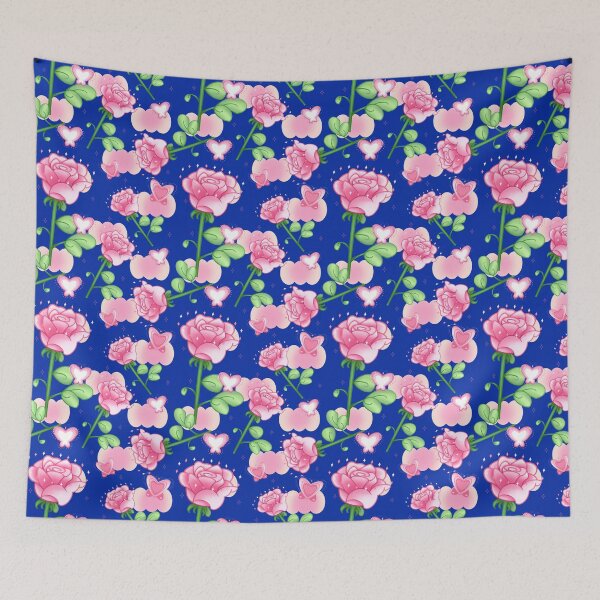 Item preview, Blue pattern design with pink butterflies and roses. Seamless embroidery pattern line up. Patchwork ornament. Abstract illustration, textile.  designed and sold by rollingfakedice.