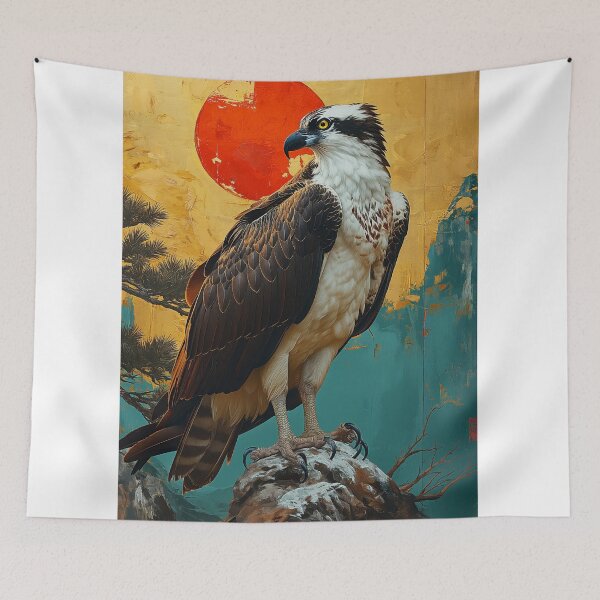 Item preview, Falcon standing art in turquoise water with red sun designed and sold by Rockwpapart.