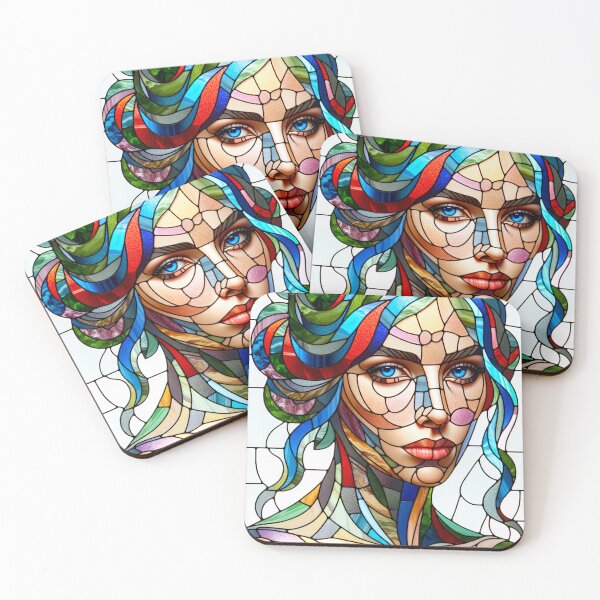 Item preview, Portrait of a woman depicted in the style of a stained glass window, with colorful glass pieces and lead reinforcements designed and sold by AndreaMart.