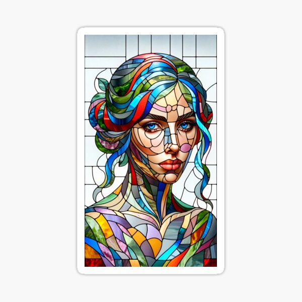 Item preview, Portrait of a woman depicted in the style of a stained glass window, with colorful glass pieces and lead reinforcements designed and sold by AndreaMart.