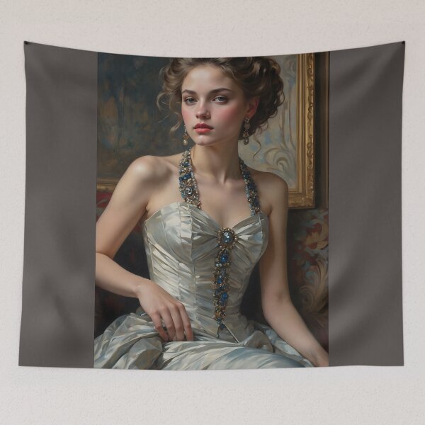 Item preview, Young Queen beautiful girl portrait victorian post modern oil painting print art evening vintage dress which is richly decorated with precious jewelry designed and sold by naivnoia.