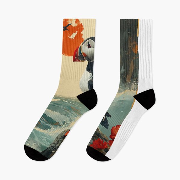 Item preview, Puffin art Standing in turquoise water with a red sun a designed and sold by Rockwpapart.