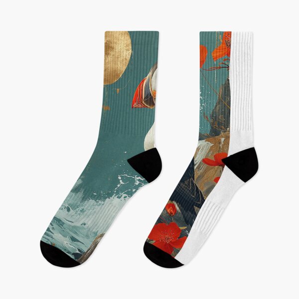 Item preview, Puffin painting Standing in turquoise water with a red sun a designed and sold by Rockwpapart.