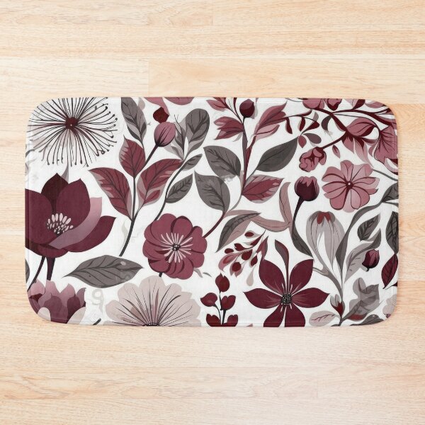 Deep burgundy, grey & white scandi floral pattern Bath Mat