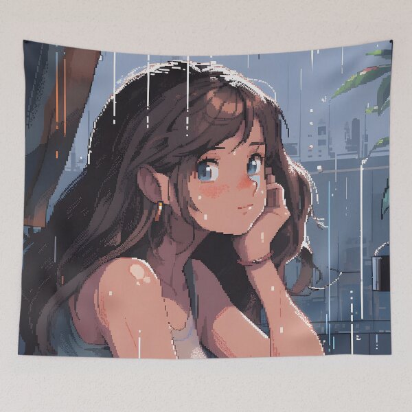 Item preview, Cozy Anime girl enjoying the rain- Pixel art designed and sold by octoboobs.