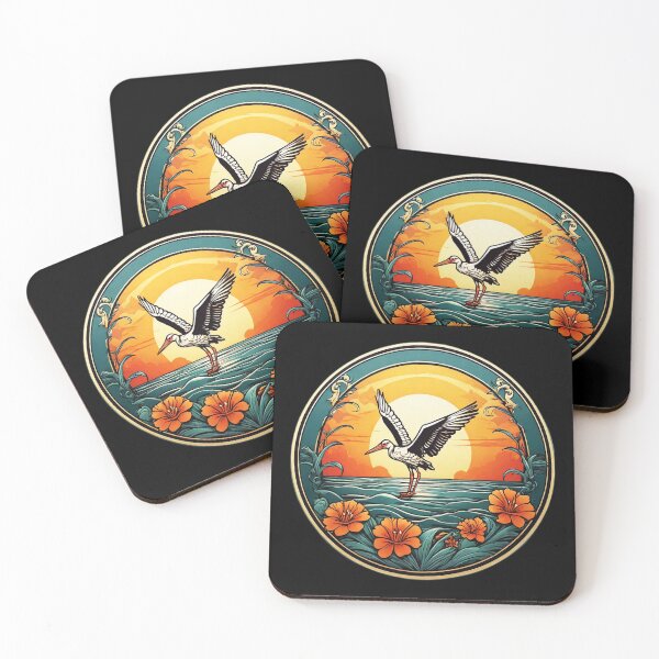 Item preview, Majestic Stork Flying at Sunset over Ocean with Hawaiian Orchids designed and sold by NautiChic.