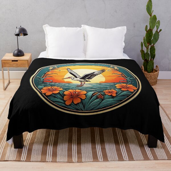 Item preview, Majestic Stork Flying at Sunset over Ocean with Hawaiian Orchids designed and sold by NautiChic.