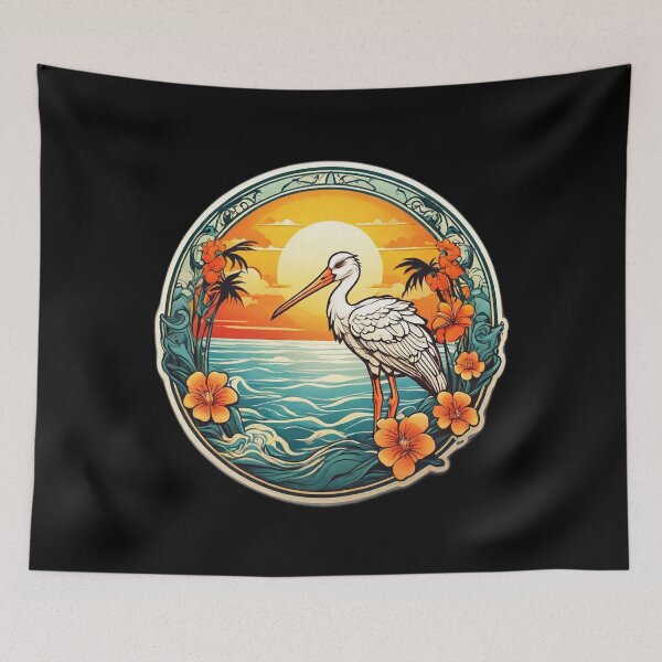 Item preview, Beautiful White Stork at Sunset near Ocean Waves designed and sold by NautiChic.