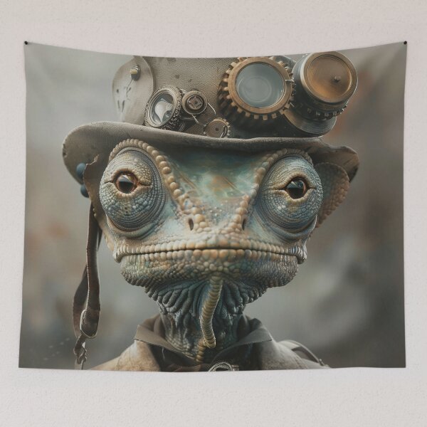 Item preview, Whimsical Steampunk Chameleon with Hat - A Colorful Journey of Cuteness and Mechanical Marvel designed and sold by Manimilo.