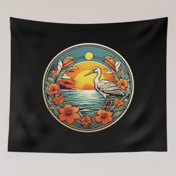 Item preview, Majestic White Stork at Sunset with Hawaiian Orchids designed and sold by NautiChic.