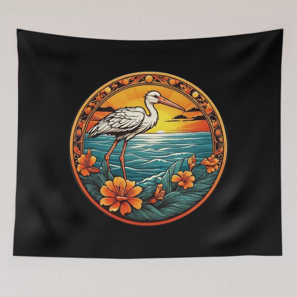 Item preview, White Stork and Golden Sunset with Pacific Ocean Waves designed and sold by NautiChic.