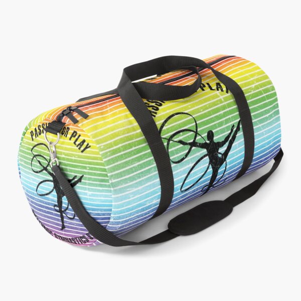 Item preview, Black silhouette of rhythmic gymnast with ribbon against the background of rainbow stripes designed and sold by HarridanCreates.