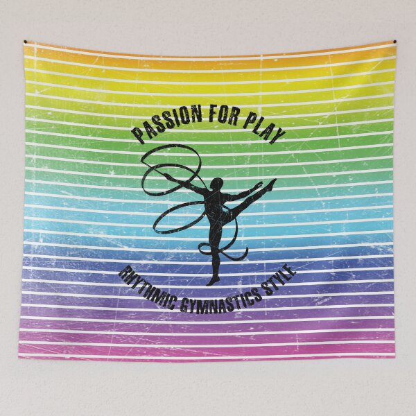 Item preview, Black silhouette of rhythmic gymnast with ribbon against the background of rainbow stripes designed and sold by HarridanCreates.