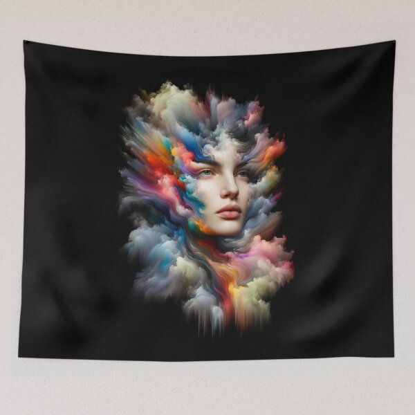 Item preview, Portrait of a woman where her face and body dissolve into colorful clouds and streaks designed and sold by AndreaMart.
