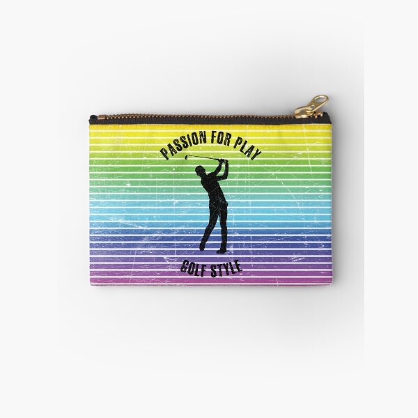 Item preview, Black silhouette of a male golf player against the background of rainbow stripes designed and sold by HarridanCreates.
