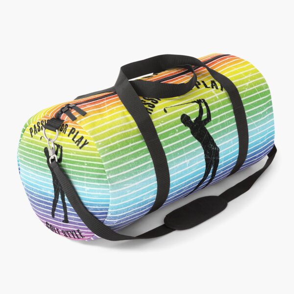 Item preview, Black silhouette of a male golf player against the background of rainbow stripes designed and sold by HarridanCreates.
