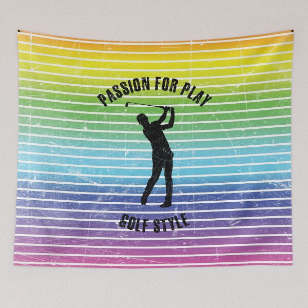 Item preview, Black silhouette of a male golf player against the background of rainbow stripes designed and sold by HarridanCreates.