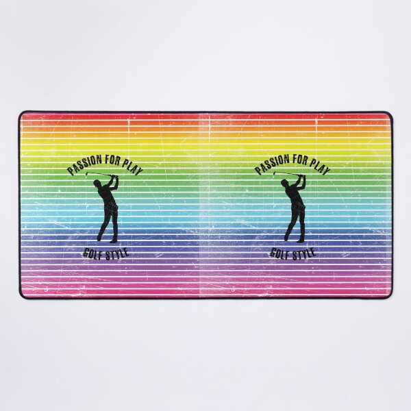 Item preview, Black silhouette of a male golf player against the background of rainbow stripes designed and sold by HarridanCreates.