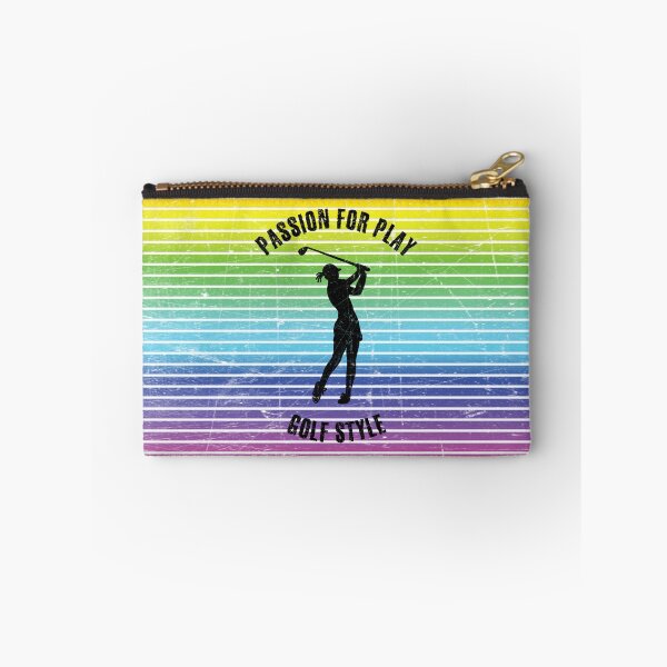 Item preview, Black silhouette of a female golf player against the background of rainbow stripes designed and sold by HarridanCreates.