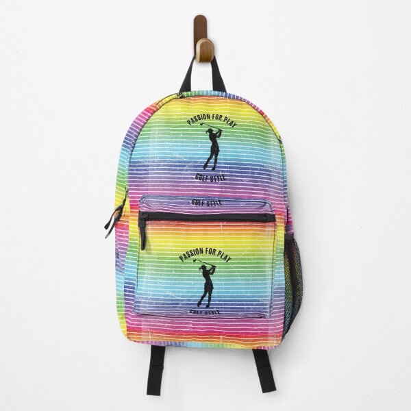 Item preview, Black silhouette of a female golf player against the background of rainbow stripes designed and sold by HarridanCreates.
