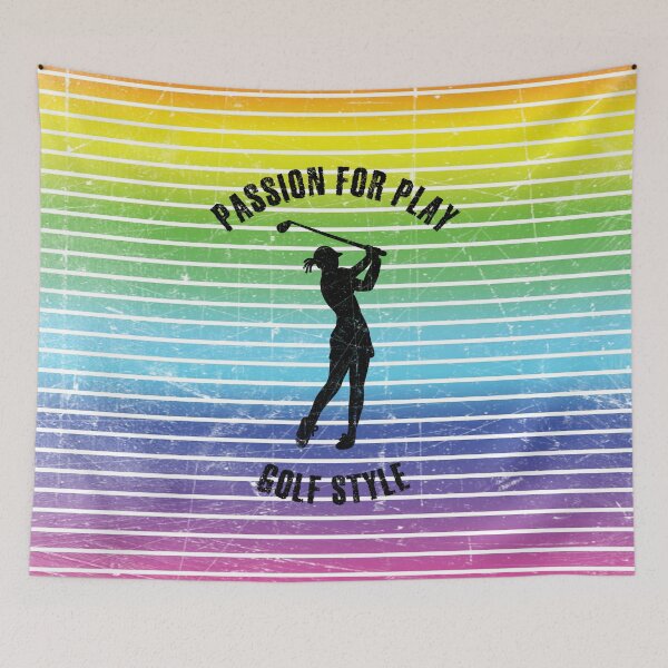 Item preview, Black silhouette of a female golf player against the background of rainbow stripes designed and sold by HarridanCreates.