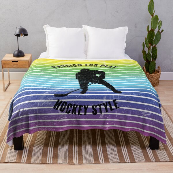 Item preview, Black silhouette of a hockey player against the background of rainbow stripes designed and sold by HarridanCreates.
