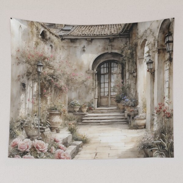 Item preview, Vintage Blossoms: Watercolor Painting of Blooming Garden in the Courtyard designed and sold by Sergey Sedunov.