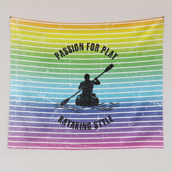 Item preview, Black silhouette of a kayaker with a paddle against the background of rainbow stripes designed and sold by HarridanCreates.