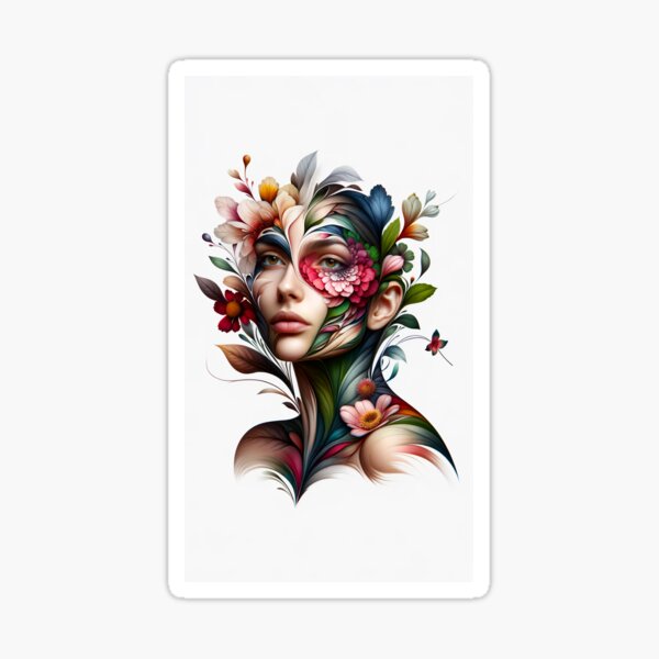 Item preview, Portrait of a woman whose face and body are transforming into the shapes and colors of flowers designed and sold by AndreaMart.