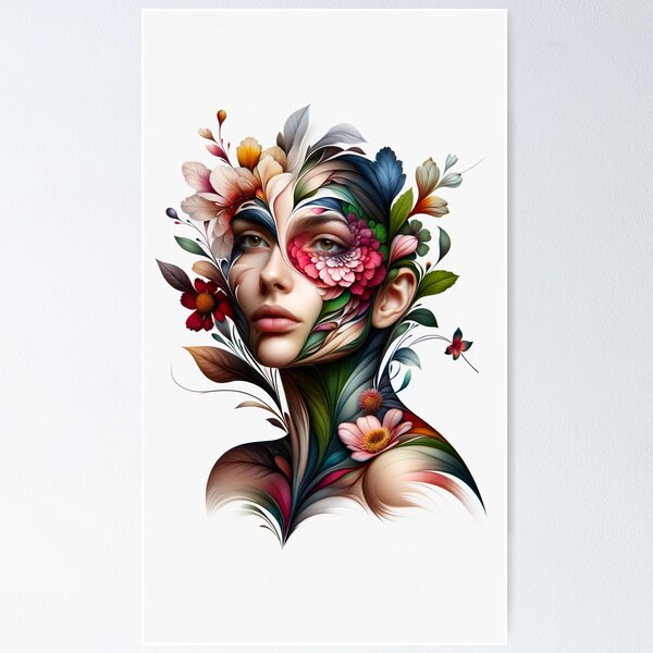 Item preview, Portrait of a woman whose face and body are transforming into the shapes and colors of flowers designed and sold by AndreaMart.