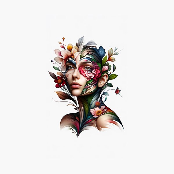 Item preview, Portrait of a woman whose face and body are transforming into the shapes and colors of flowers designed and sold by AndreaMart.