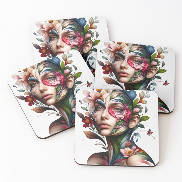 Item preview, Portrait of a woman whose face and body are transforming into the shapes and colors of flowers designed and sold by AndreaMart.