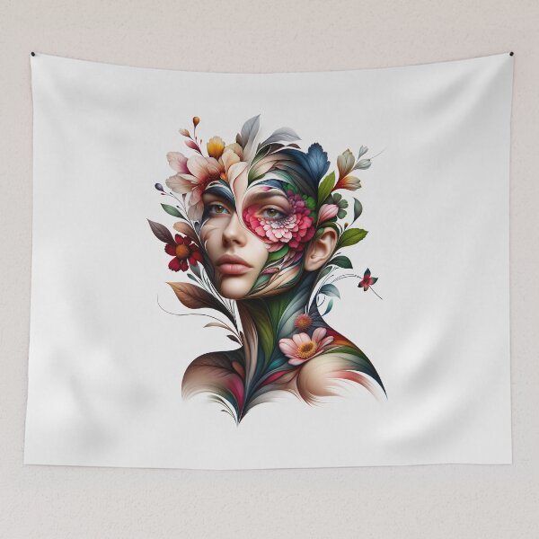 Item preview, Portrait of a woman whose face and body are transforming into the shapes and colors of flowers designed and sold by AndreaMart.