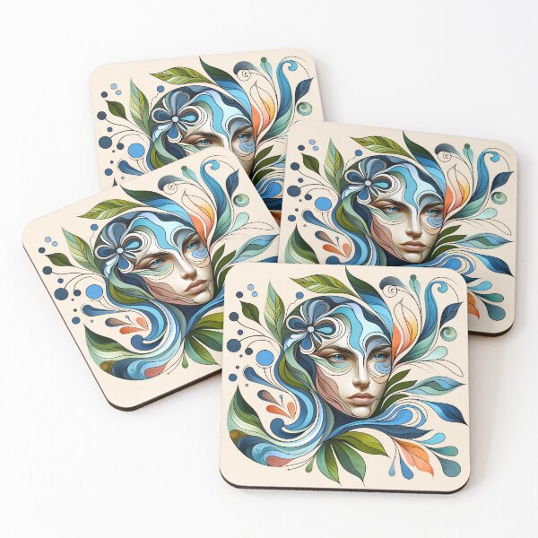 Item preview, Portrait of a woman's face surrounded by abstract forms of natural elements like leaves, flowers, and waves designed and sold by AndreaMart.