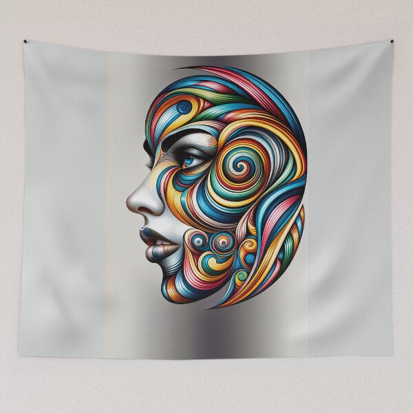 Item preview, Portrait of a woman's face with dynamic patterns such as spirals and waves, in bright, contrasting colors designed and sold by AndreaMart.