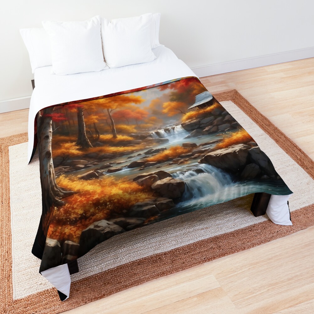 A Cabin In Autumn Woods AI Concept Art by Xzendor7 - Amidst Graceful Tranquility 3 A Cabin In Autumn Woods Beautiful AI Concept Art by Xzendor7 Decorative Comforter Art Print