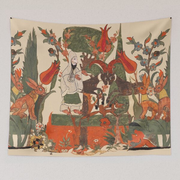 Item preview, FOREST ANIMALS ,BATTLING RAMS, RED FOX, RABBITS  AND ASCETIC AMONG  TULIPS ,FLOWERS, GREEN LEAVES designed and sold by BulganLumini.