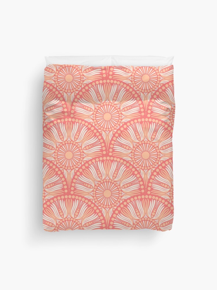 Duvet Cover, Peaches and Cream Dot Mandala Scallop designed and sold by Triplicate Limited
