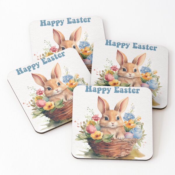 Item preview, Easter card with watercolor Cute Easter Bunny in easter basket with easter eggs and flowers designed and sold by Createya.