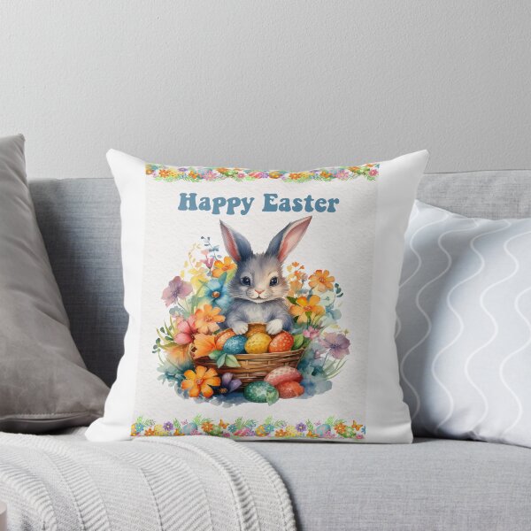 Item preview, Easter card with watercolor Cute Easter Bunny in easter basket with easter eggs and flowers designed and sold by Createya.