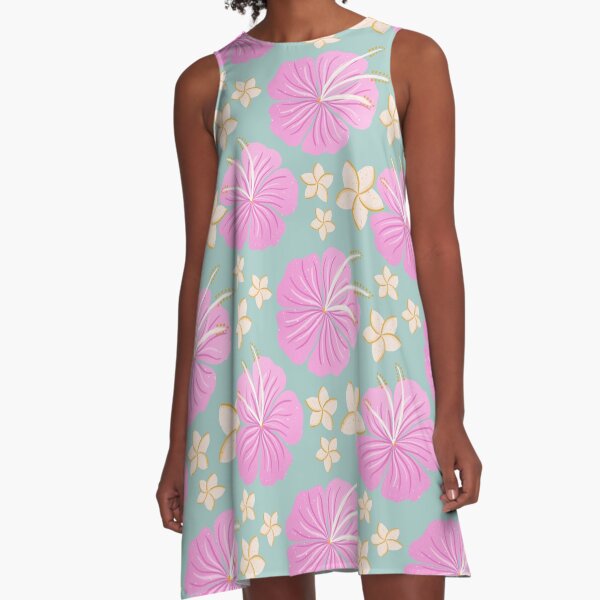 Pink and turquoise hibiscus flowers pattern A-Line Dress