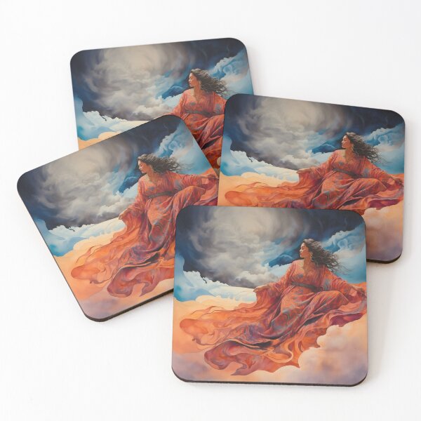 Item preview, Beautiful woman in orange on a magic carpet ride in the clouds. designed and sold by ArtbyJanineTate.