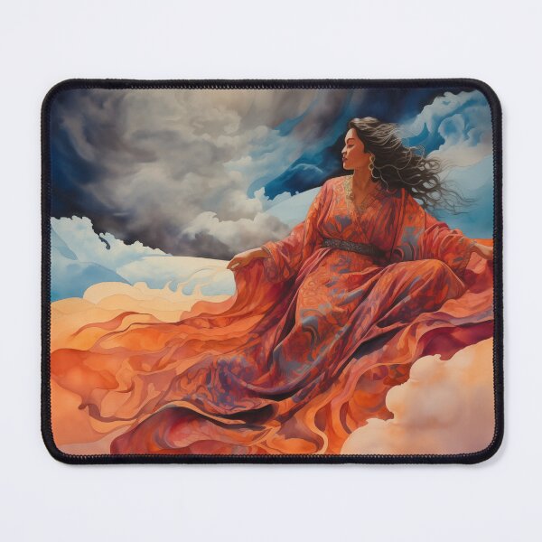 Item preview, Beautiful woman in orange on a magic carpet ride in the clouds. designed and sold by ArtbyJanineTate.
