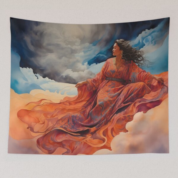 Item preview, Beautiful woman in orange on a magic carpet ride in the clouds. designed and sold by ArtbyJanineTate.