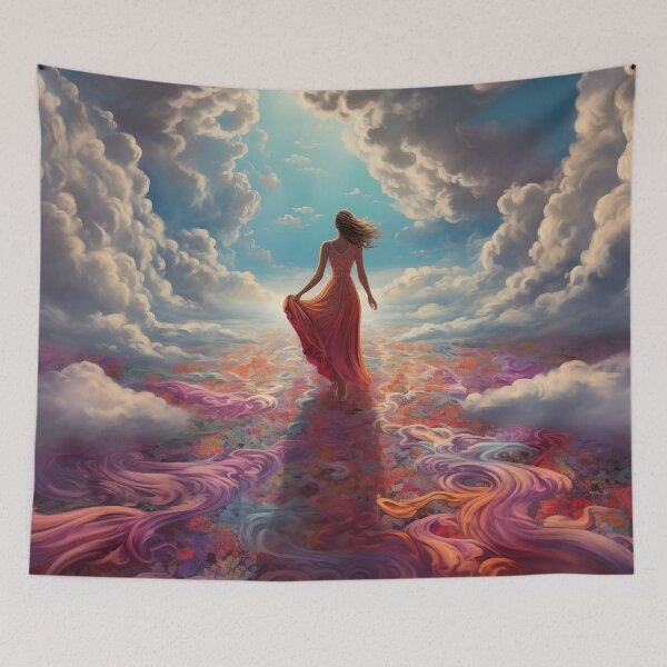 Item preview, A woman walking on a swirling carpet into the sky. designed and sold by ArtbyJanineTate.