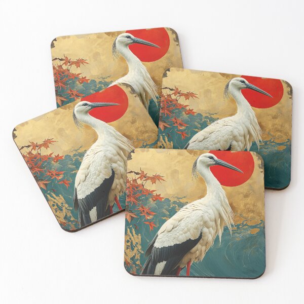 Item preview, Stork art standing in turquoise water with red sun designed and sold by Rockwpapart.