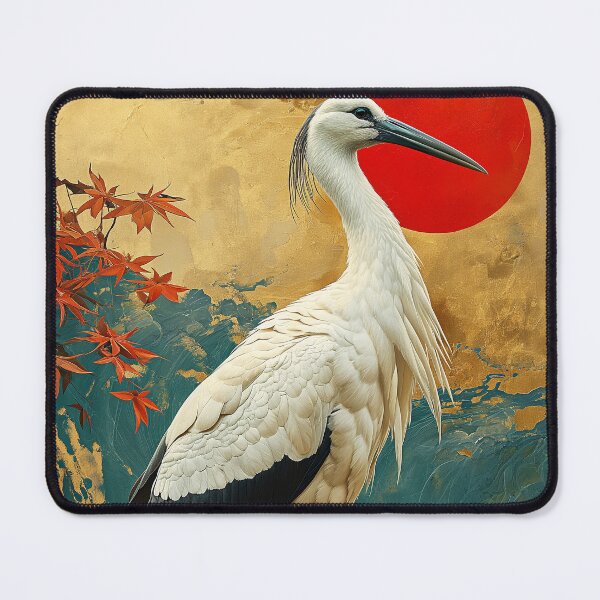 Item preview, Stork art standing in turquoise water with red sun designed and sold by Rockwpapart.