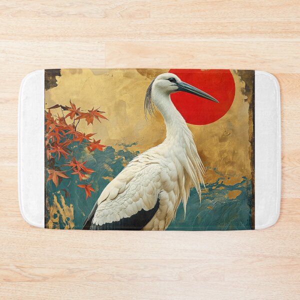 Item preview, Stork art standing in turquoise water with red sun designed and sold by Rockwpapart.