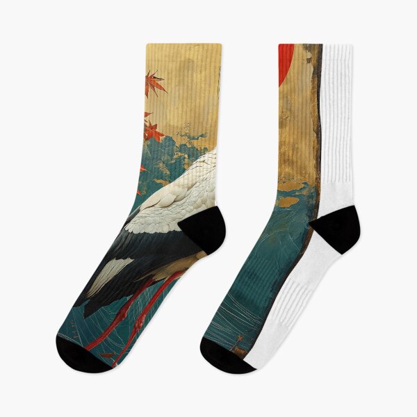 Item preview, Stork art standing in turquoise water with red sun designed and sold by Rockwpapart.